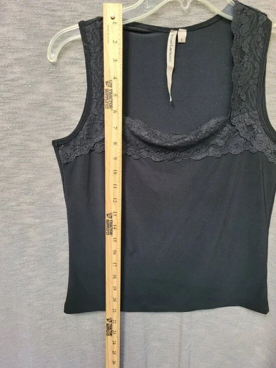 Susan Lawrence Y2K Black Tank Shell Cami Slinky Knit Top Womens S Lace Trim - Picture 6 of 12